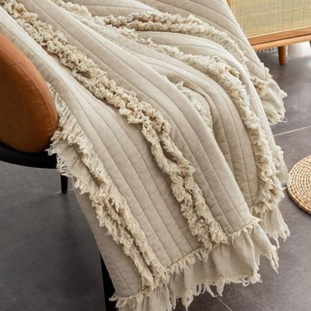 Farmhouse Throw Blanket Boho Cottage Decor Soft Decorative Beige Quilted Cover - Picture 5 of 13